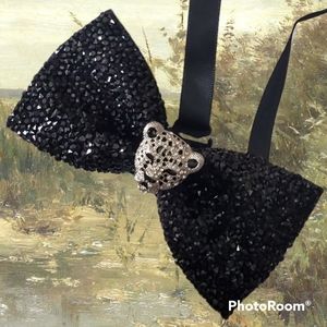 Mens blinged out leopard bowtie wedding groom black tie suit custom handmade